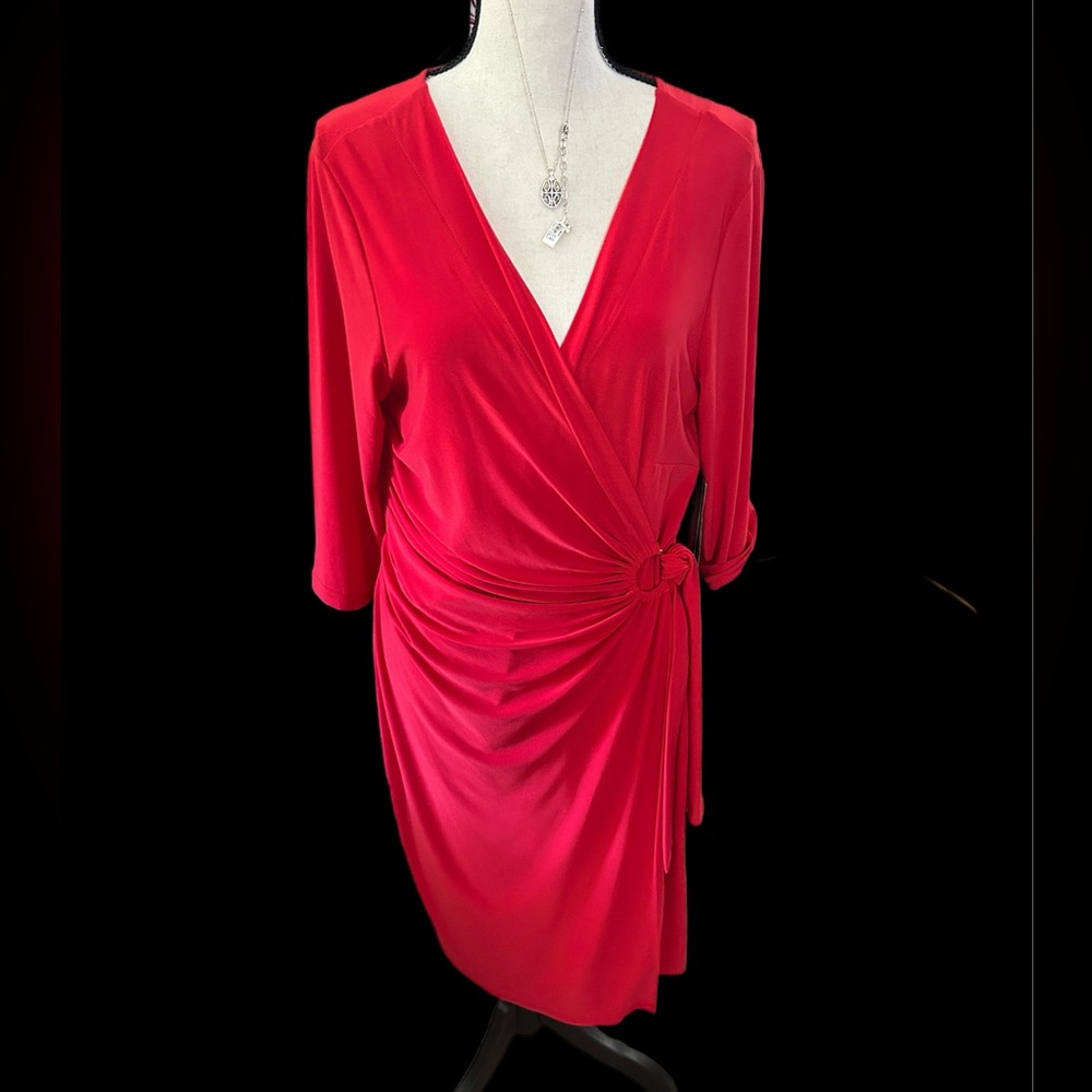 Wrap Dress Lemmi for Nina Leonard NWT RED Poly/Spandex Size Lrg Gold Belt Loop - Picture 6 of 14